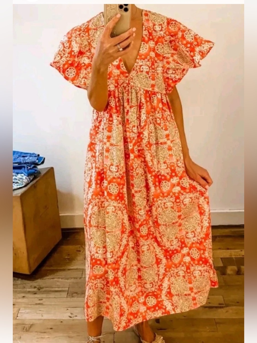 ANTHROPOLOGIE MAEVE FLUTTER DLEEVE BABYDOLL DRESS red pink cream size 2X - Picture 4 of 8
